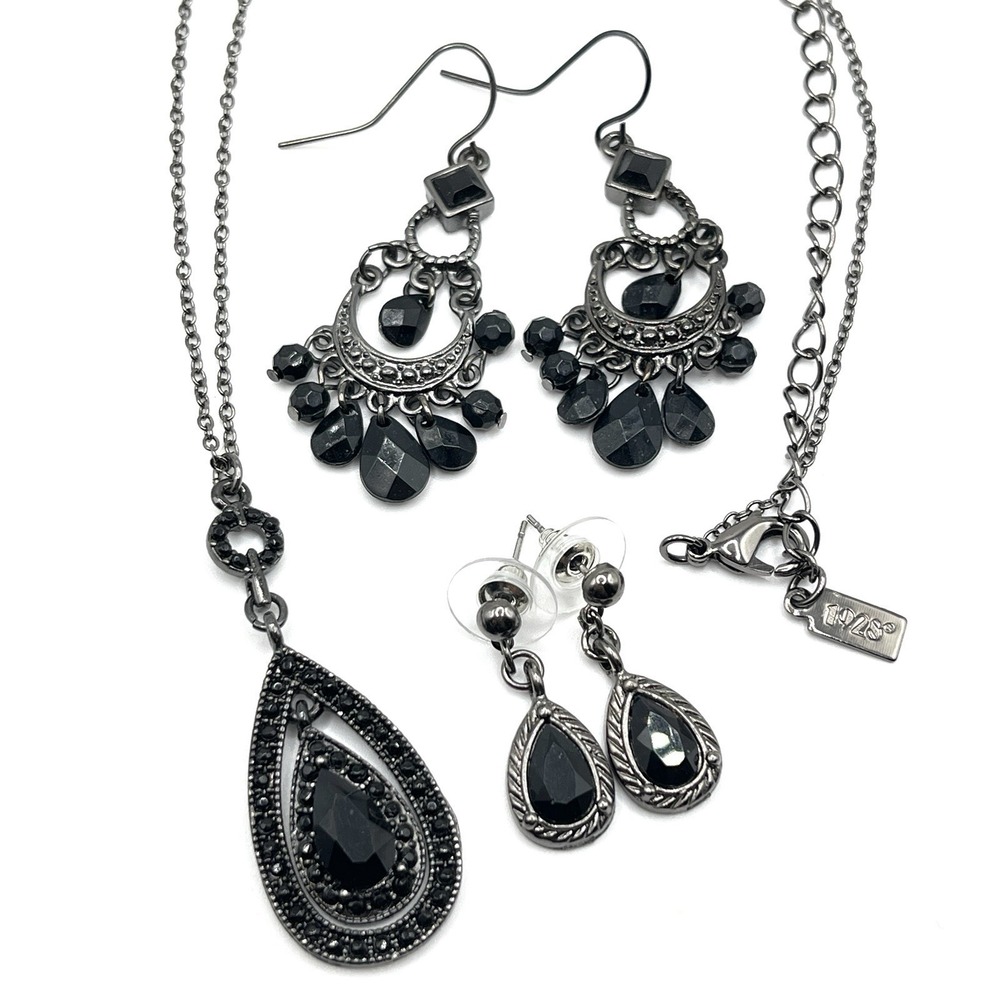 1928 Necklace & 2 Earring Sets Victorian Style Black Crescent Chandelier Dangle